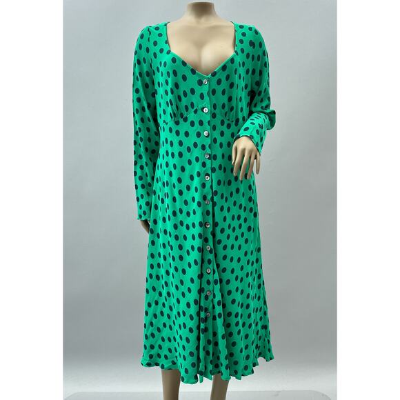 NWT Ghost London Jamie Long Sleeve Midi Dress Green Spot Print Women's Size XL - Picture 1 of 11